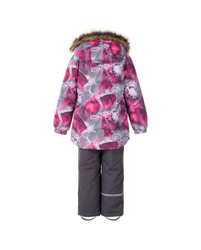 Bernumode | Lenne: Set RIMONA  330 g +  150 g €94.15 Rough weather conditions of Estonia and the Nordic Countries, which make very high demands on children's clothing, are the foundation grounds of creating any new model. High-tech fabrics are used in order to fulfill all the requirements of the well-being of a happy child in any circumstance.Lenne's main goals in product development are safety, comfort, practicality and easy caring.
Active products are: light weighted, wind resistant and warm, breathable and water resistant, durable, safe, with exceptional design, easily cleanable.
Lenne is using Isosoft insulation material, which is presently the best new generation insulation which has a two times higher warmth maintenance coefficient and the technology applied in it allows for the volume of the insulation to be decreased four times in relation to the traditional insulation. Isosoft is rarely used in the manufacturing of childrens’ clothing due to its price. It ensures the unique comfort of warmth, it maintains warmth at the child’s skin and prevents the cold from entering inside, thanks to the unique micro-porous structure. Moreover, it allows the child to move freely and unhampered. The product’s great advantage is the fact that it effectively removes moisture to the outside, which additionally increases the comfort of use.Isosoft guarantees the effect of thermal insulation and lightness of the material through the special insulation components – these components are made up of thousands of individual fibres in the shape of a hollow tube. The material is as light as down and it is also very elastic – it returns to its original shape after compression or washing.
Water column: 5 000/10 000 mm
Breathable: 5 000/10 000 g/m2/24h
Girls’ winter set.
Weatherproof set with reflective print upper part is suitable for wearing in winter period 
Lenne girls’ winter set is water-, wind- and rainproof. The trousers with adjustable braces keep your child’s back warm even during active play.  The product design features reflective details, which make your child visible even in the darkest of winters. The safe snap-fastened hood detaches from the product if it gets stuck.
Our high-tech Active+ fabric has a waterproof membrane which prevents water from coming through the product. At the same time it has the ability to evaporate sweat. ◆Water resistance: water column 5 000/10 000 mm ◆Breathability: water vapour transmission rate 5 000/10 000 g/m²/24h ◆Wind resistance: air permeability 0 l/m²s ◆Water and soil reprellency: DWR coating (Durable Water Repellent)
EXTRA WARM ⁑⁑ insulation is the best choice for frosty weather. Breathable fabric keeps your child from sweating. Heat retaining capacity is much higher than in usual wadding. Offers wearers comfort and freedom of movement in -1..-30°C.
Cuff with soft fur lining. This unique detail for outdoor clothing protects your kids gentle skin from rubbing against strong and durable fabric. Prefer this irreplaceable solution when choosing an outdoor garment.

Loop for attaching the reflector.
