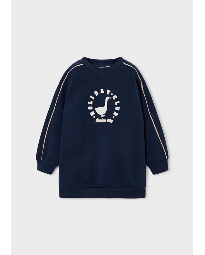 Bernumode | Mayoral: Fleece stipes dress for girl €27.19 Girls’ long-sleeve dress with a round neckline. Made from warm thick fleece fabric, perfect for cold months. Decorative elements include a decorative applique, contrast decorative bands, and embroidery.