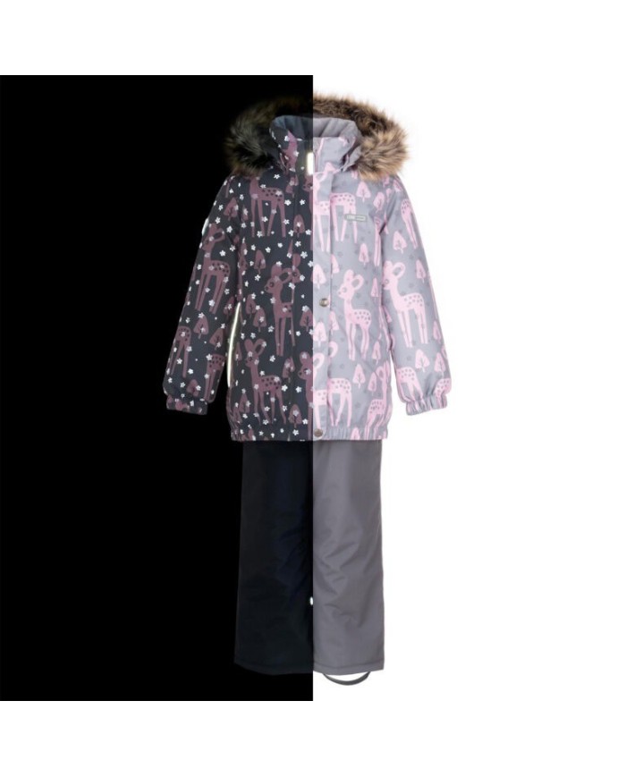 Bernumode | Lenne: Set RUBY  330 g +  150 g €87.87 Rough weather conditions of Estonia and the Nordic Countries, which make very high demands on children's clothing, are the foundation grounds of creating any new model. High-tech fabrics are used in order to fulfill all the requirements of the well-being of a happy child in any circumstance.Lenne's main goals in product development are safety, comfort, practicality and easy caring.
Active products are: light weighted, wind resistant and warm, breathable and water resistant, durable, safe, with exceptional design, easily cleanable.
Lenne is using Isosoft insulation material, which is presently the best new generation insulation which has a two times higher warmth maintenance coefficient and the technology applied in it allows for the volume of the insulation to be decreased four times in relation to the traditional insulation. Isosoft is rarely used in the manufacturing of childrens’ clothing due to its price. It ensures the unique comfort of warmth, it maintains warmth at the child’s skin and prevents the cold from entering inside, thanks to the unique micro-porous structure. Moreover, it allows the child to move freely and unhampered. The product’s great advantage is the fact that it effectively removes moisture to the outside, which additionally increases the comfort of use.Isosoft guarantees the effect of thermal insulation and lightness of the material through the special insulation components – these components are made up of thousands of individual fibres in the shape of a hollow tube. The material is as light as down and it is also very elastic – it returns to its original shape after compression or washing.
Water column: 5 000/10 000 mm
Breathable: 5 000/10 000 g/m2/24h
Girls’ winter set.
Weatherproof set with reflective print upper part is suitable for wearing in winter period 
Lenne girls’ winter set is water-, wind- and rainproof. The trousers with adjustable braces keep your child’s back warm even during active play.  The product design features reflective details, which make your child visible even in the darkest of winters. The safe snap-fastened hood detaches from the product if it gets stuck.
Our high-tech Active+ fabric has a waterproof membrane which prevents water from coming through the product. At the same time it has the ability to evaporate sweat. ◆Water resistance: water column 5 000/10 000 mm ◆Breathability: water vapour transmission rate 5 000/10 000 g/m²/24h ◆Wind resistance: air permeability 0 l/m²s ◆Water and soil reprellency: DWR coating (Durable Water Repellent)
EXTRA WARM ⁑⁑ insulation is the best choice for frosty weather. Breathable fabric keeps your child from sweating. Heat retaining capacity is much higher than in usual wadding. Offers wearers comfort and freedom of movement in -1..-30°C.
Cuff with soft fur lining. This unique detail for outdoor clothing protects your kids gentle skin from rubbing against strong and durable fabric. Prefer this irreplaceable solution when choosing an outdoor garment.

Loop for attaching the reflector.
